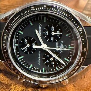 MoonSwatch MOD Black Chronograph Watch with metal case and silicone band